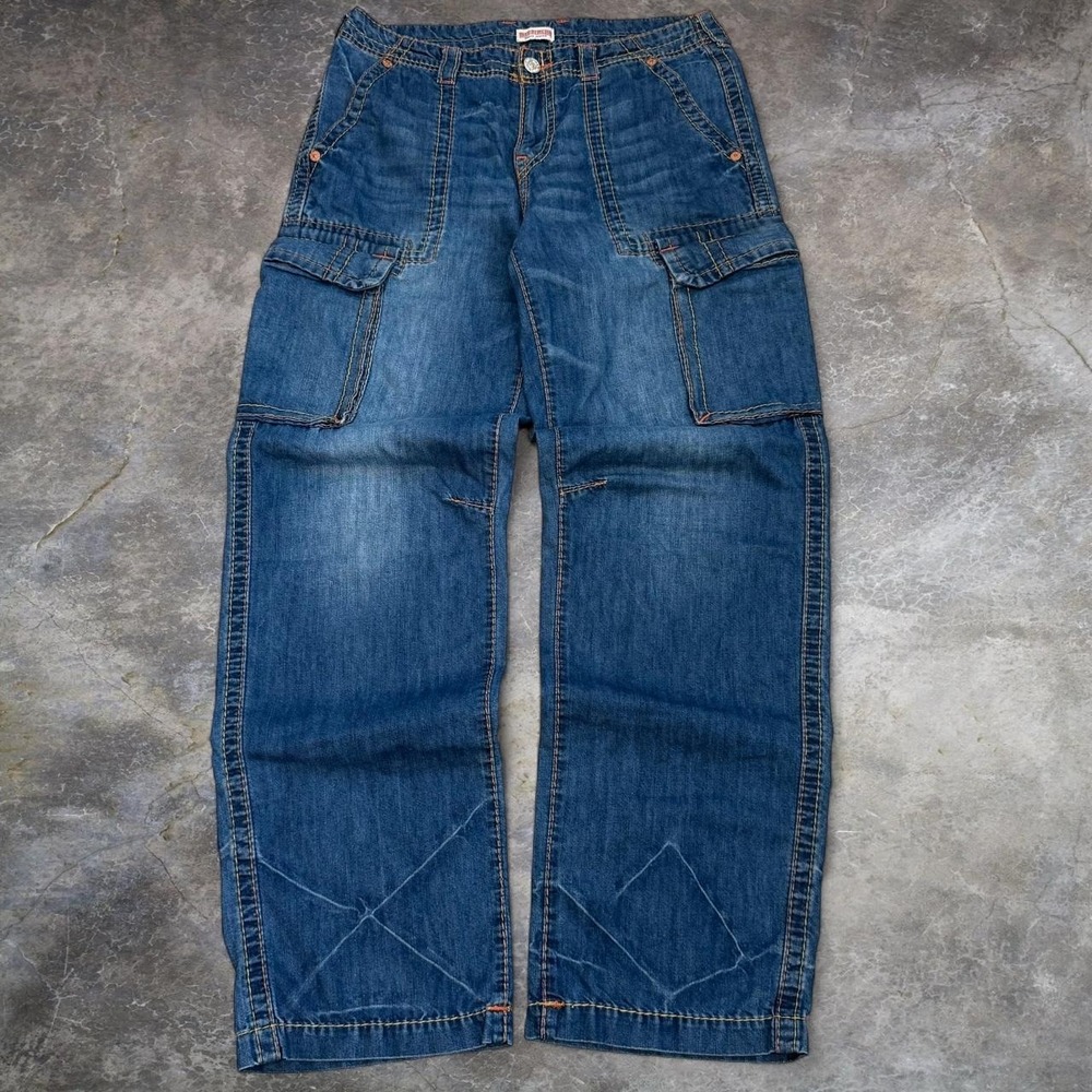 True Religion Big T Blue Cargo Jeans Adult Size 34x33 Skater Grunge Streetwear